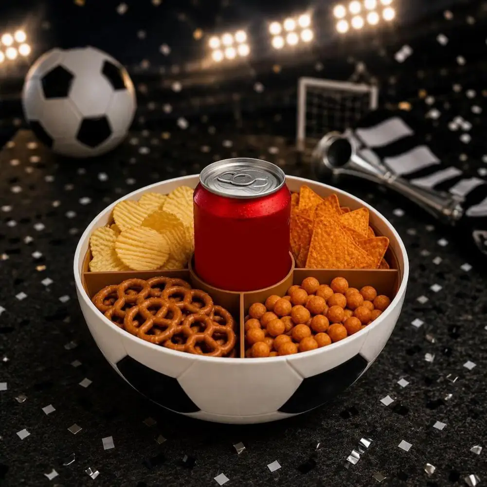 Food Grade Snack Bowl Football Snack Bowl with 5 Compartments Capacity Food Tray Cup Holder Organizer for Soccer Party Game Day