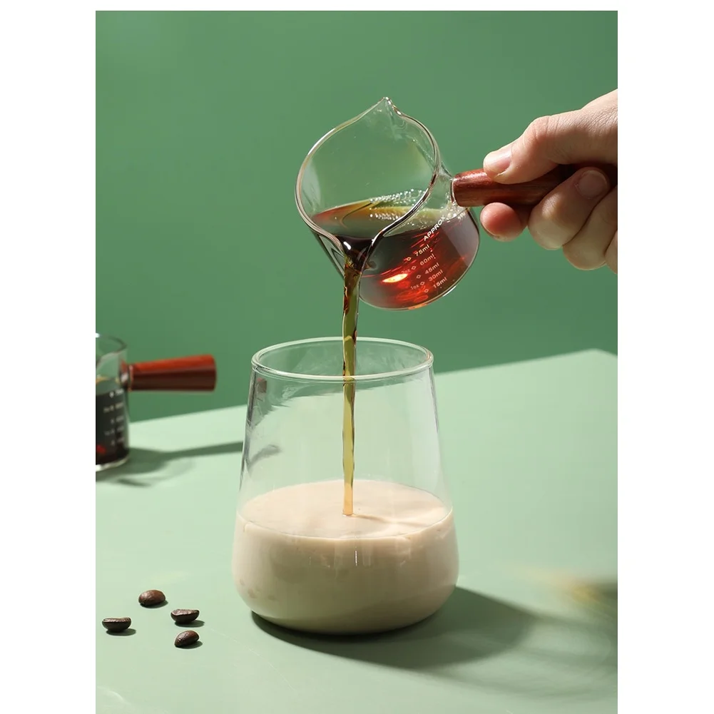 75ml Borosilicate Glass Coffee Cup with Dual Spout and Wooden Handle Including Measurement Scale for Espresso and Milk Pouring