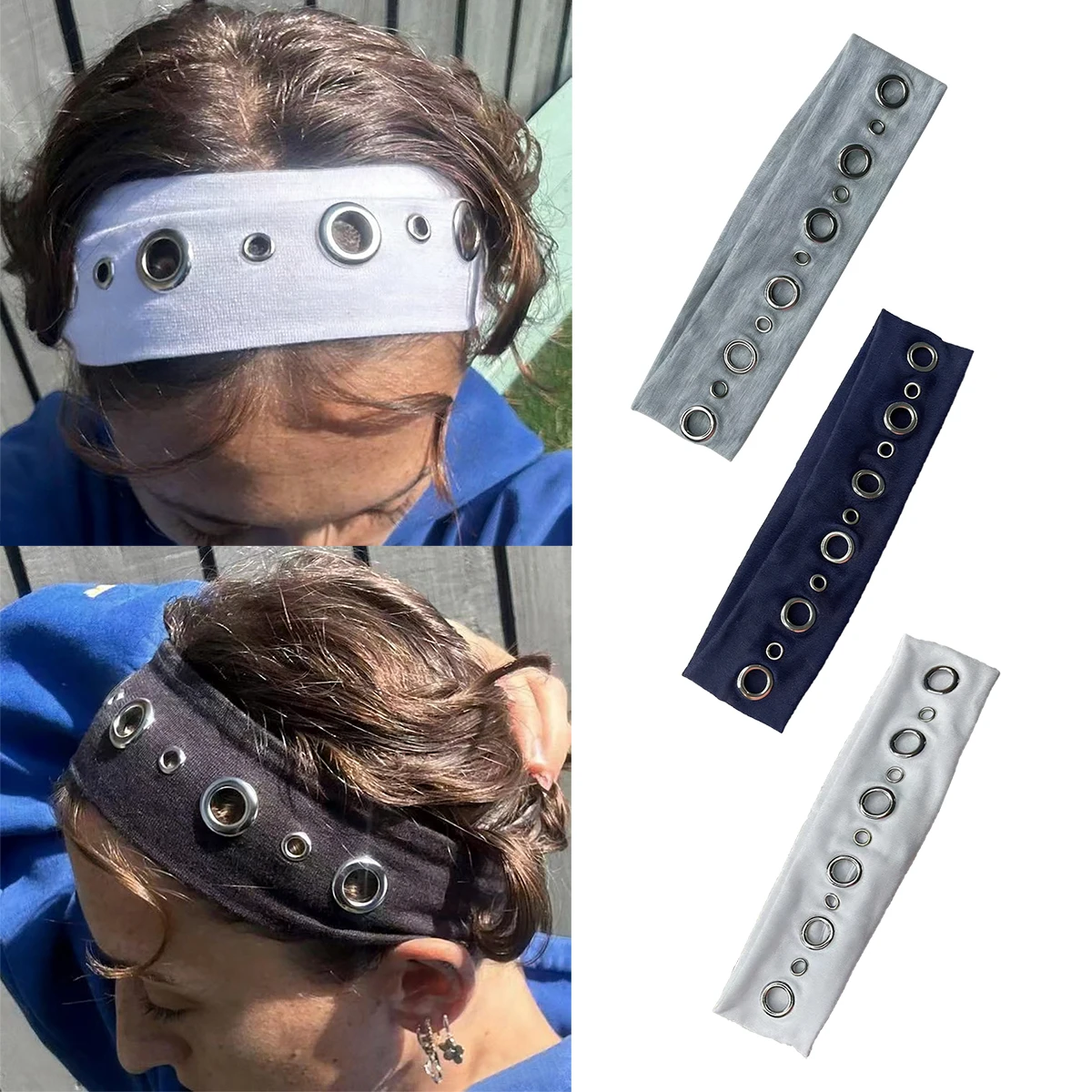 1pc Y2K Metal Ring Premium Black White Grey Solid Color Elastic Headband Punk Music Festival Rock Decorative Headband