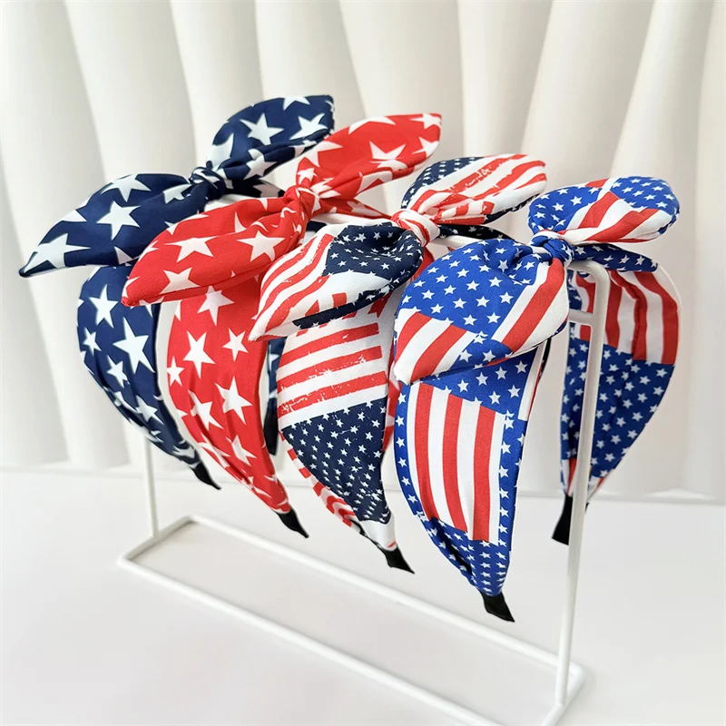 Independence Star Stripe Flag Print Headband with Bunny Knot for Women Girls Party Festival Hair Hoop Accessories