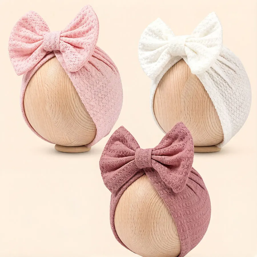 Boho Baby Girl Bow Headwrap - Vintage Textured Knit Turban Beanie for Newborn Toddler Kids, 3 Colors Available