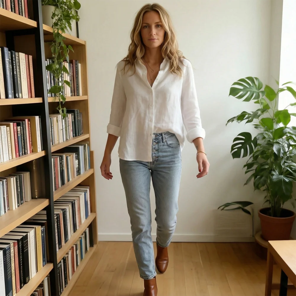 Linen Top Women’s Lapel Shirt Long Sleeve Office Top Breathable Moisture-wicking Blouse Loose Fit Button Placket for Work
