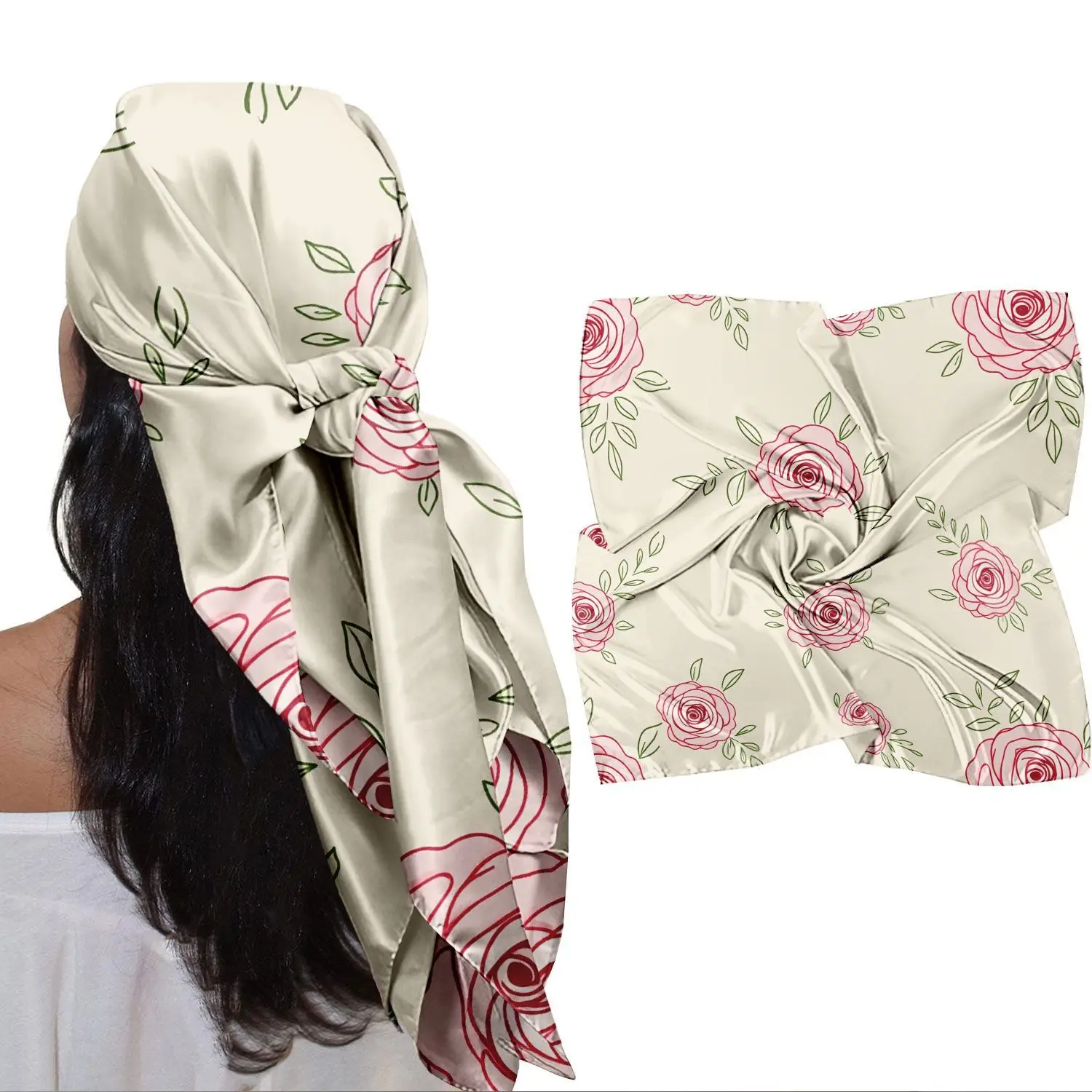0086 women's floral satin square scarf - soft faux silk headscarf, multi-purpose neckerchief & head wrap
