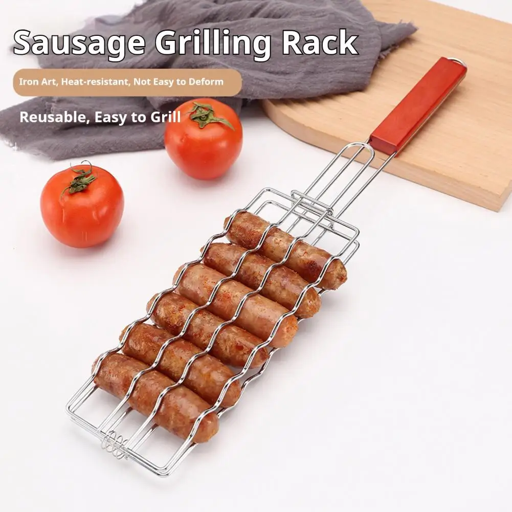 Sausage Grilling Net Stainless Steel Expandable Grill Basket with Handle Hot Dog Sausage Bbq Rack Portable Rust-resistant