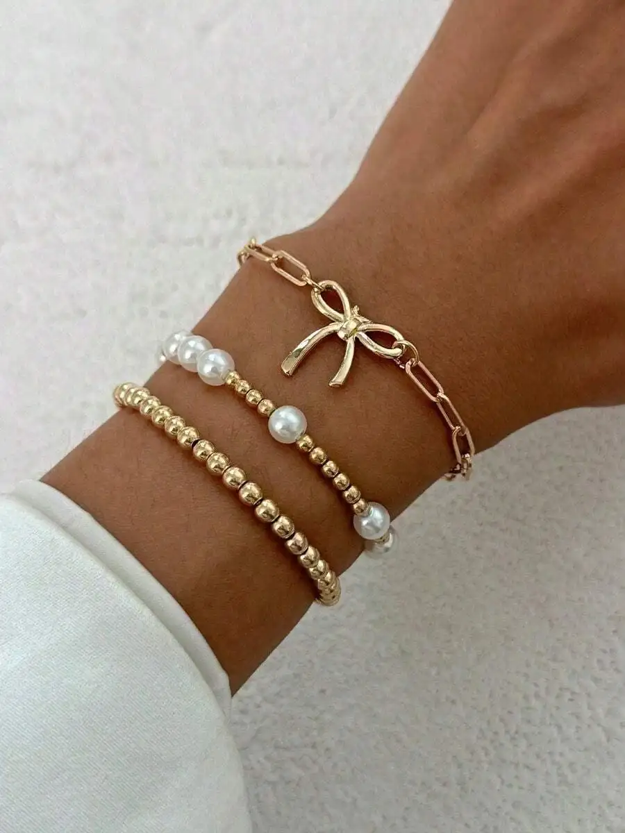 3pcs Fashion Chic Ribbon Bow Bracelets, Elegant Pearl Heart & Star Multilayer Bracelet Set, Suitable For All Occasions, Perfect
