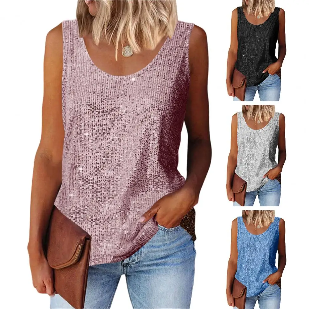 Ladies' Sequin Loose U-Neck Sleeveless Glitter Tops Fashion Solid Color Tank Tops For Daily Wear Performance Costume