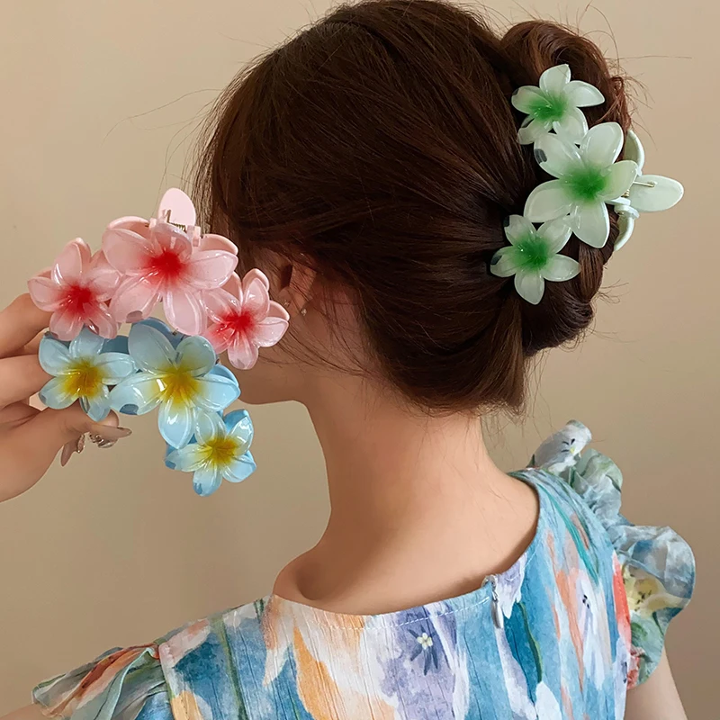 Dopamine Sunflower Shark Clip Sweet Gradient Flower Grab Clip Ponytail Braid Hair Clip for Girls Beach Vacation Hairstyles