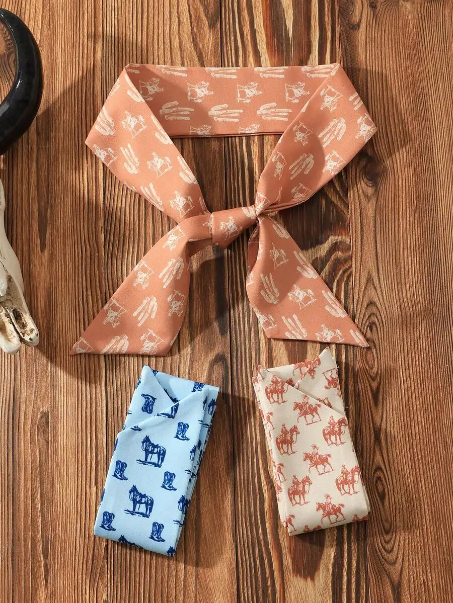 3pcs Western Style Cowgirl Cactus Cowboy Print Headband Scarf Ribbon Set For Women Festival Party