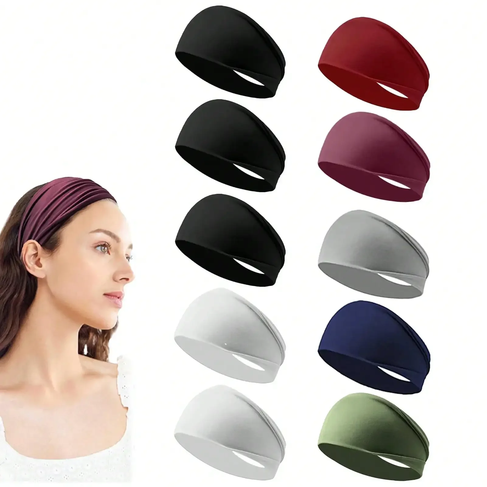 10Pcs Sports Yoga Headbands Solid Color Non Slip Elastic Wide Headband For Sports Tennis Gym Work Out