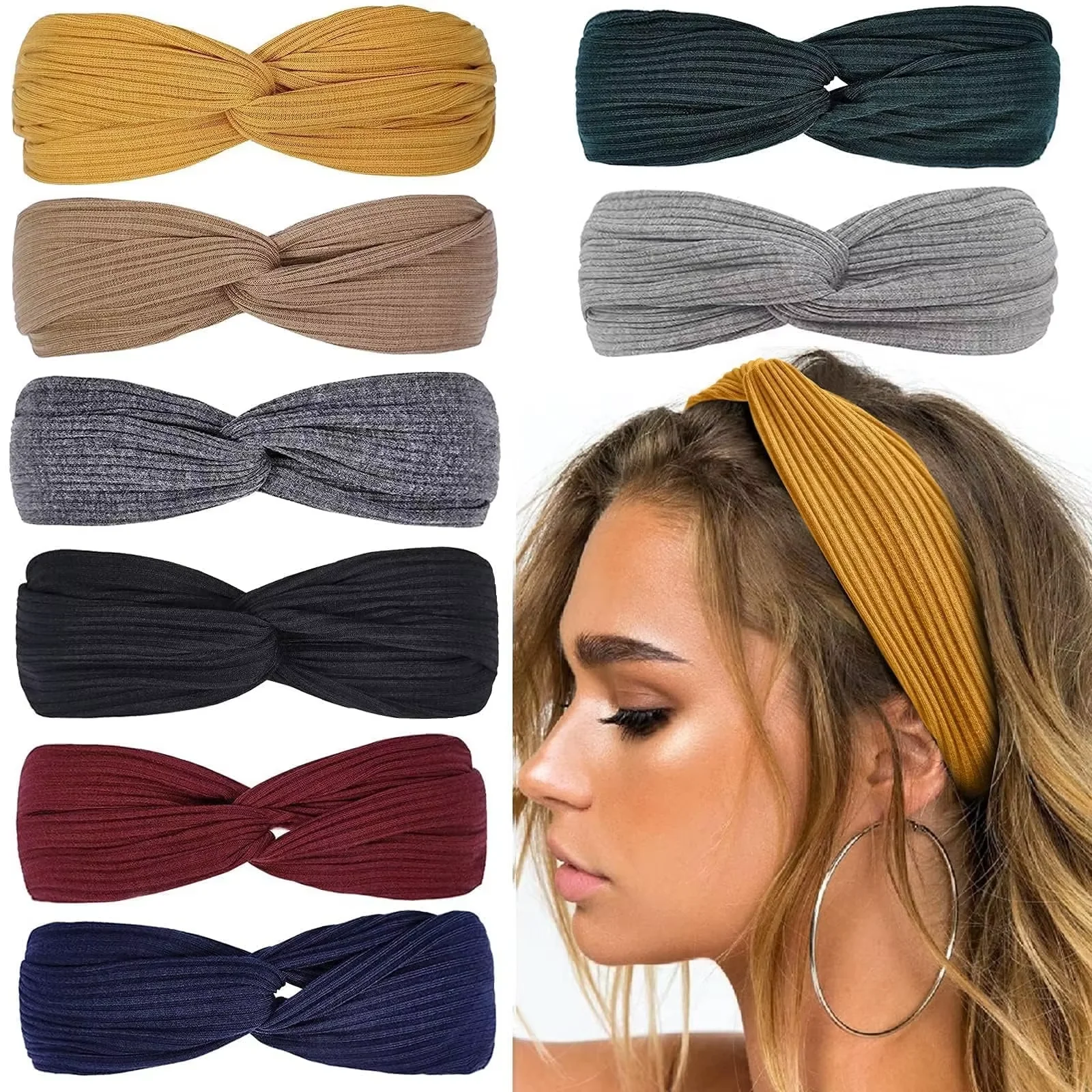 Women's Twisted Headband Boho Elastic Hairband Anti-Slip Girl Cross Headscarf Solid Color Headscarf Yoga Exercise Retro Hair Accessory, Solid Color