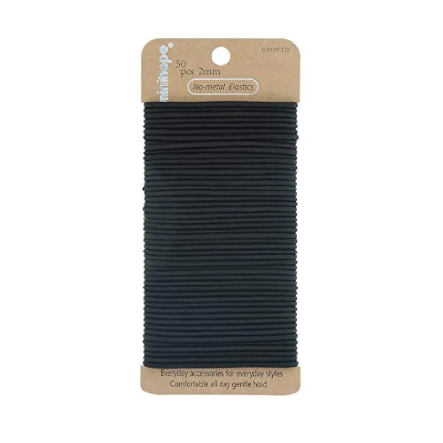 no-metal girls elastic hair ties, women's black elastics, 2mm Hair elastics 50 Count