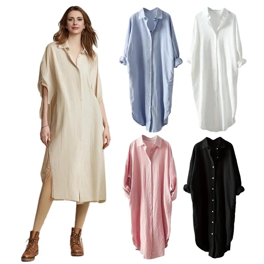 Fashion Long Sleeve Cotton Linen Midi Dress Women 2024 Fall Loose Casual Comfortable White Buttons Dresses For Women Robe Femme