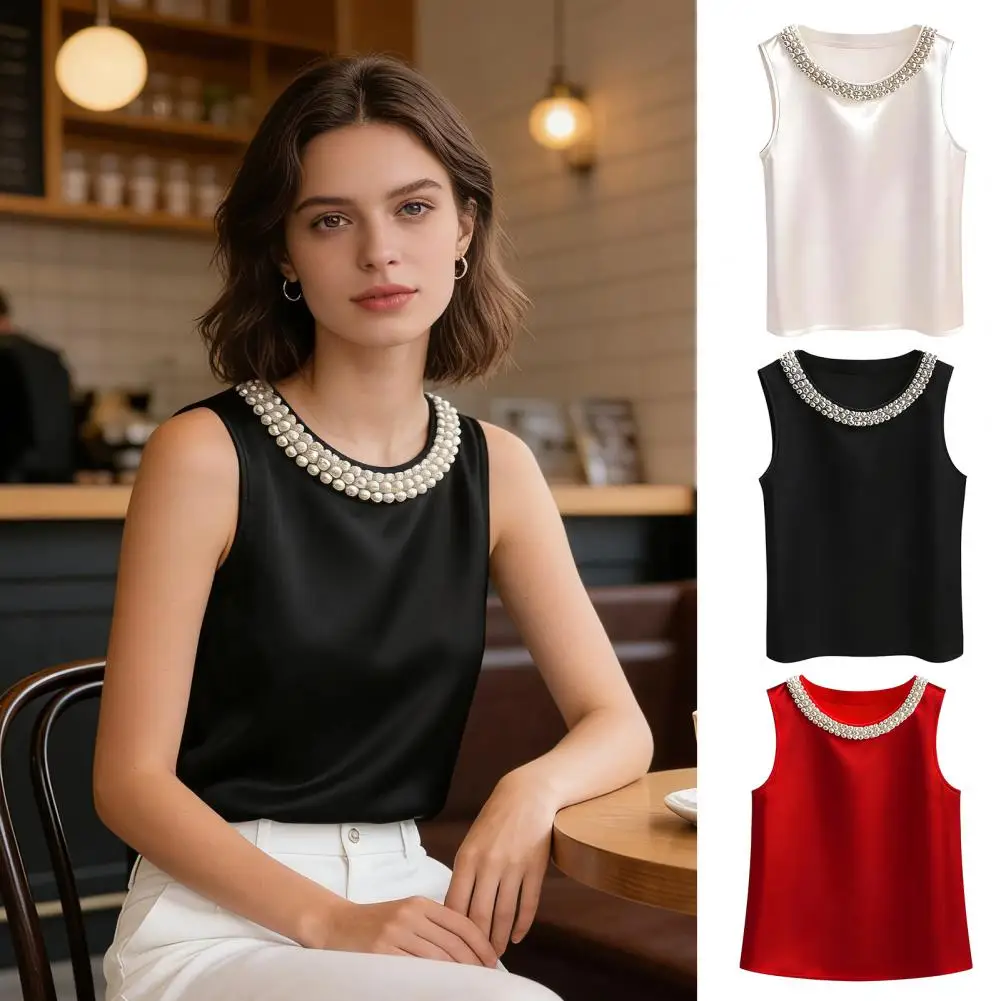Elegant Satin Shirt Women Summer Bead Design Silk Blouse Women T-Shirts Fashion Loose Vest Women Tank Tops Fashion Lady Tee