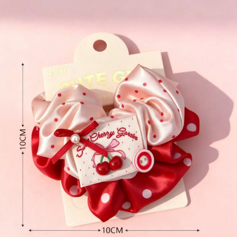 Cherry Blossom Scrunchie - Red Bow & Fruit Hair Tie For Women, Sweetheart Style Hair Accessory For Daily Wear