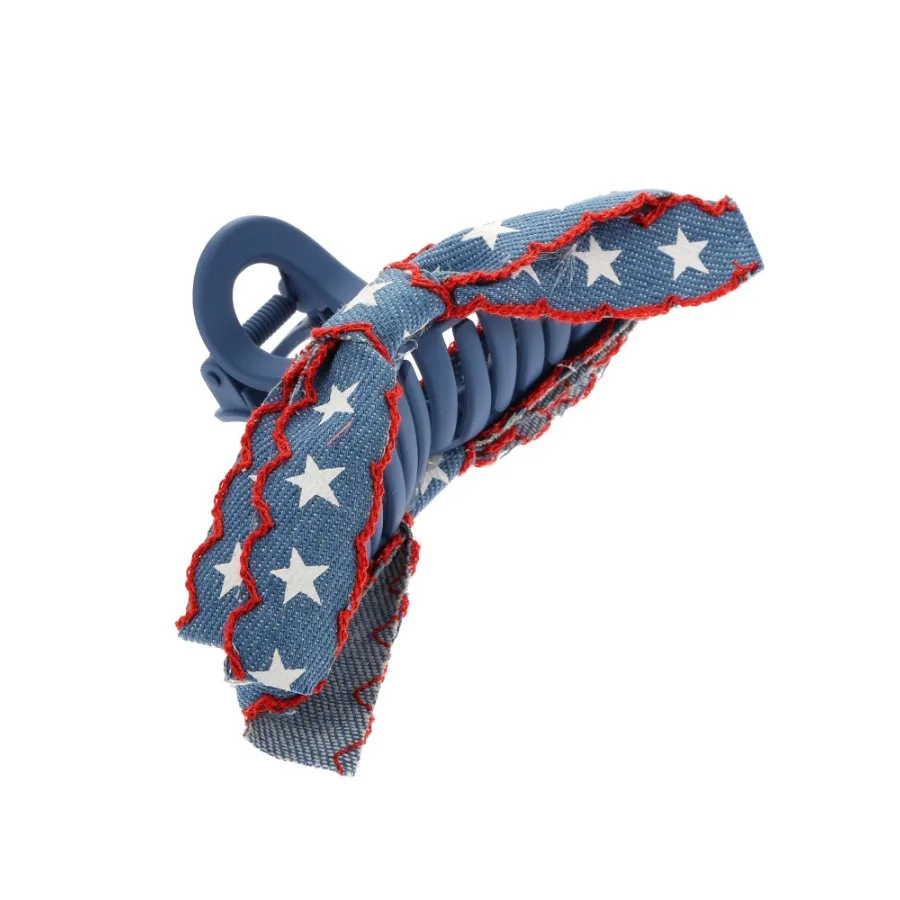 Americana Starry Denim Bow Claw Clip for Adults Large Size