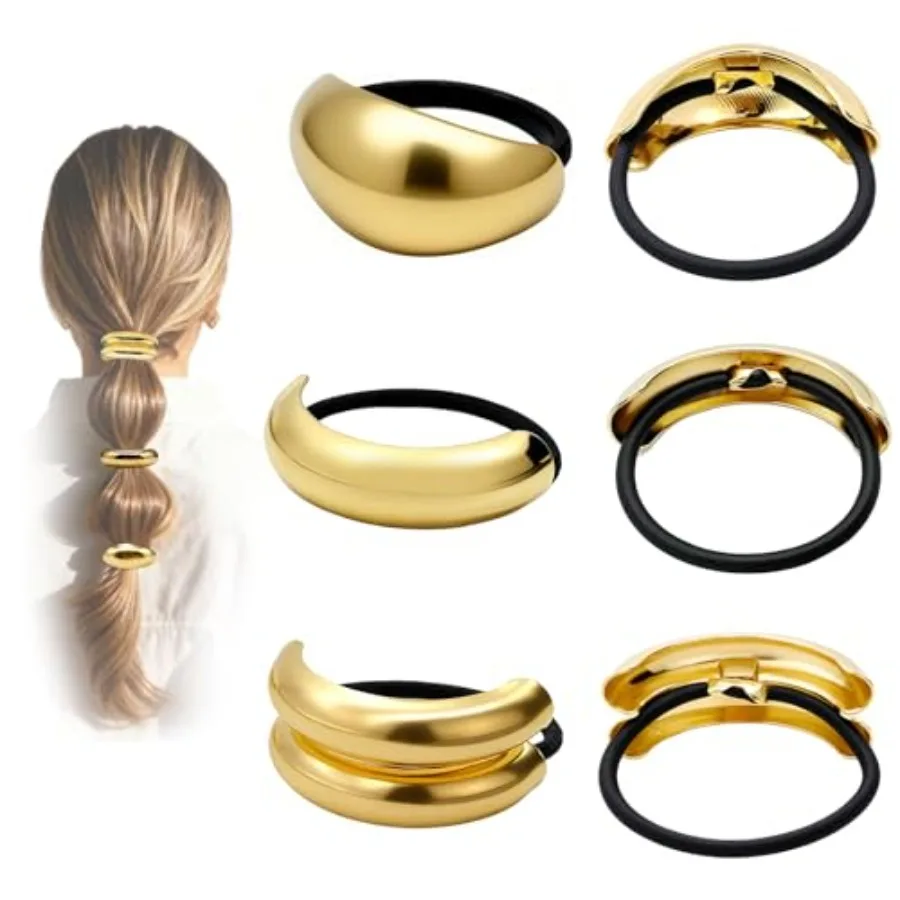 6Pcs Gold Hair Ties - 3 Styles Gold Hair Accessories for Women and Girls, Elegant Chic Metal Hair Cuff Non-Damage Ponytail Cuff