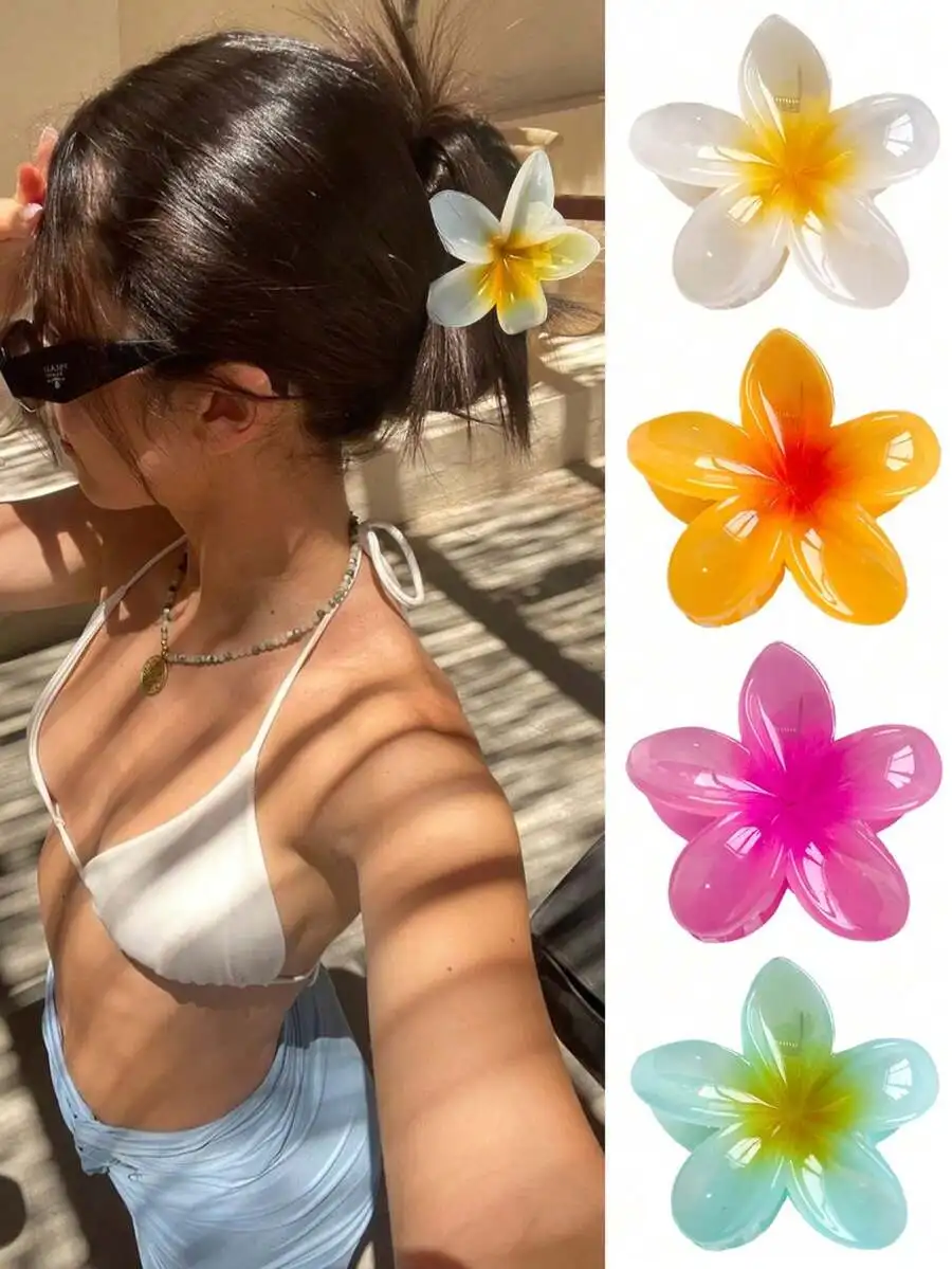 4pcs 7.5cm Flower Jelly Hair Clips For Women Lightweight Plastic Claw Clips In White Yellow Pink Blue