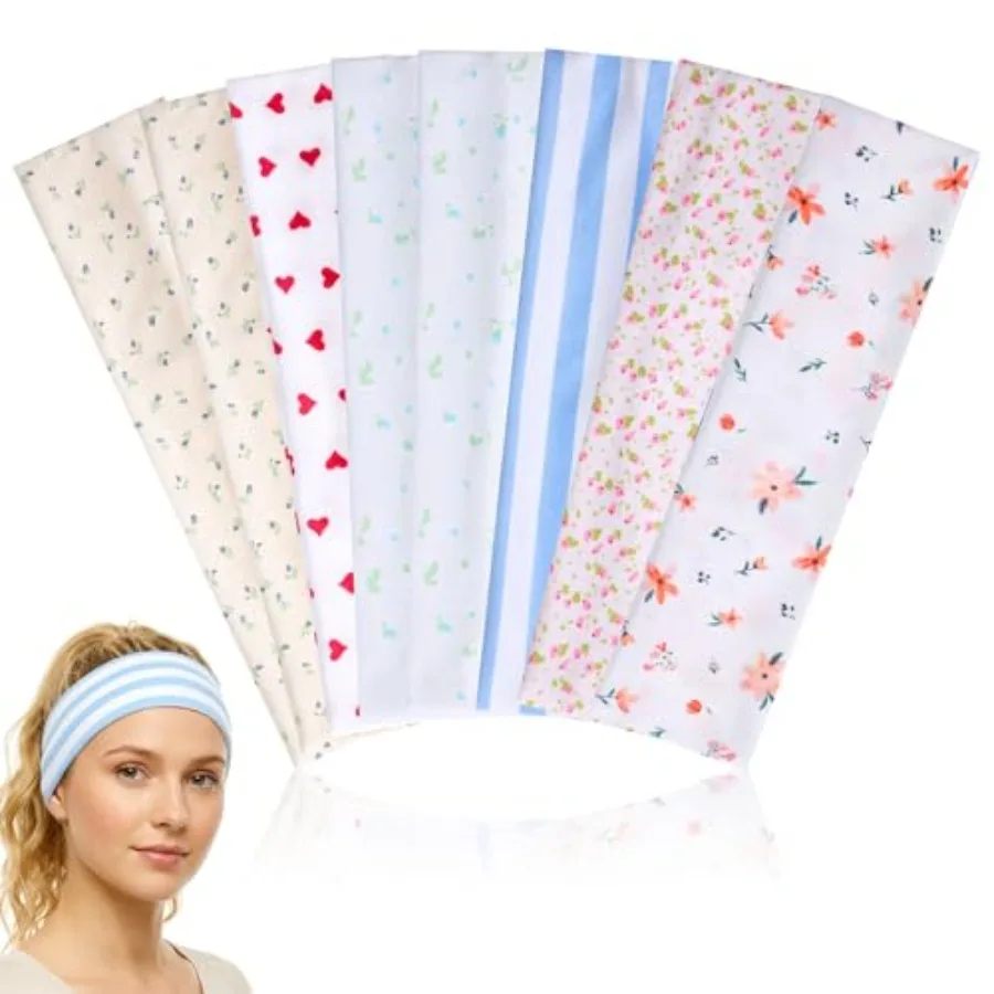 8 Pcs Floral Headbands For Women, Elastic Striped Headbands Non Slip Cute Heart, Soft Fabric Workout Stripe Head Bands For Dail