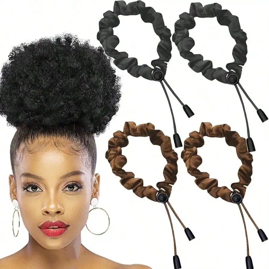 6 Pcs Black Adjust Afro Puff Hair Tie, Adjustable Hair Ties, Thick Black Hair Band, Silk Soft Ponytail Holders, Perfect For Medium Hair To Thick Thin Hair, Heavy And Curly Hair (Deep Black)