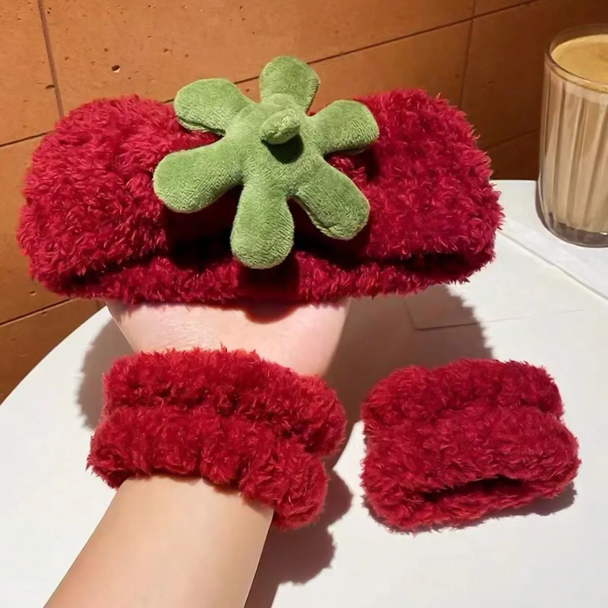 3Pcs Red Strawberry Headbands And Wristbands Set Cute Padded Soft Terry Cloth Hair Accessories for Women Girls Skincare Hairband