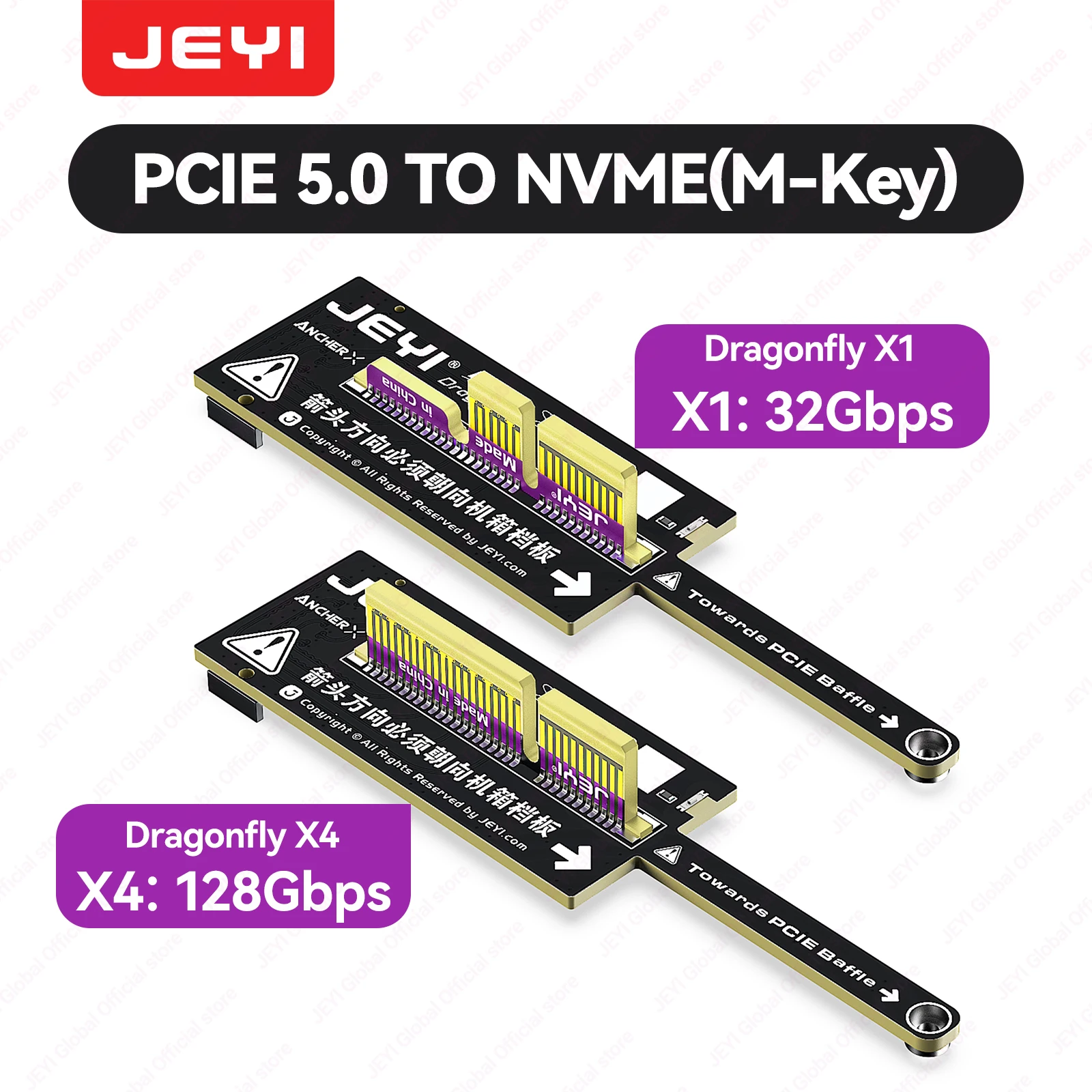 JEYI Mini Flat PCIe 5.0 to NVMe Adapter Card Compact Mini Expansion Card Design No GPU Obstruction Only M-Key NVMe SSD for PCIe slots Backward compatible with 4.0/3.0/2.0 Optional X1/X4 version