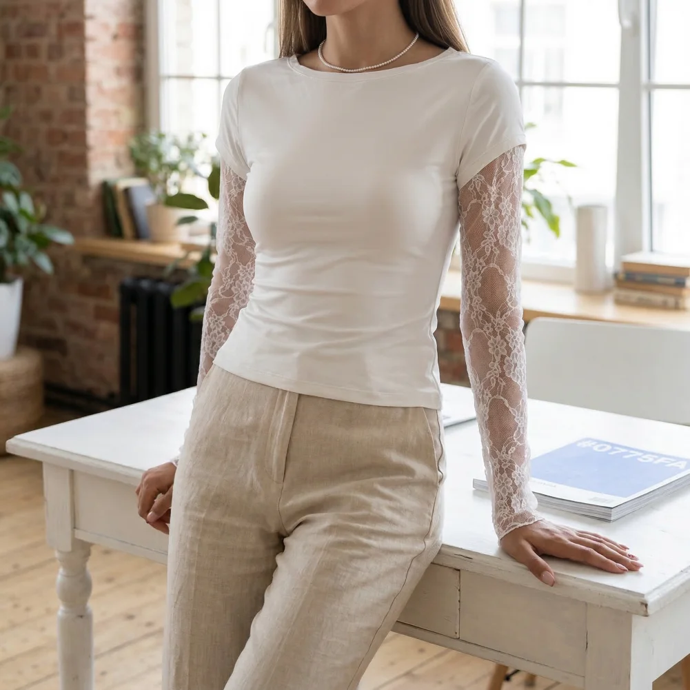 Long Sleeve Top Women’s O-neck Long Sleeve Pullover Tops Lace Spliced Sleeve Blouses Soft Stretchy Regular Fit for Outfits