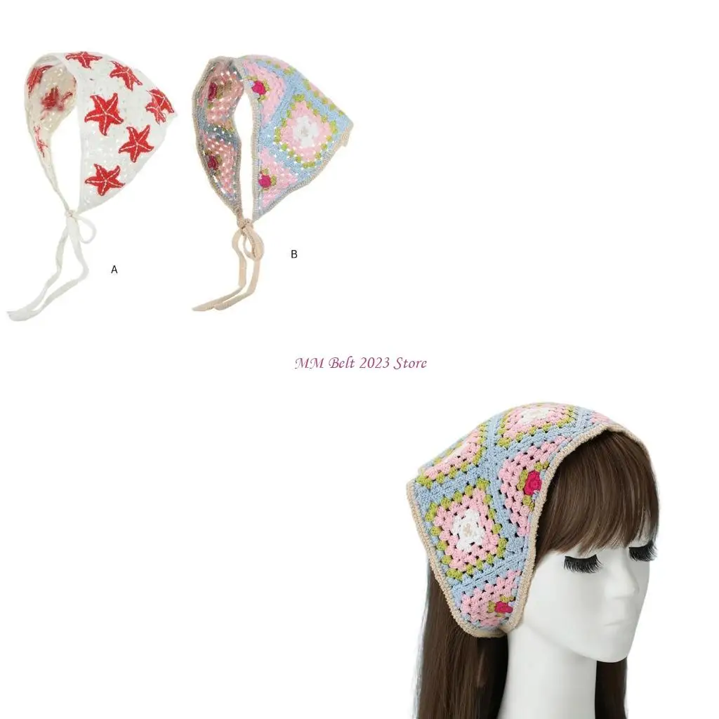49ME Hair Scarf Floral Headband Head Wrap Cottagecore Knitted Knitted for Adults Creative Elegant Headwear Photo Props