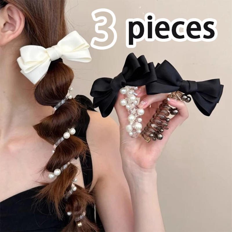3 Pieces Sweet Fashionable Trendy Cute Women's Bowknot Pearl Telephone Cord Hair Tie Spiral Hair Ring For Bubble Braids Ponytail