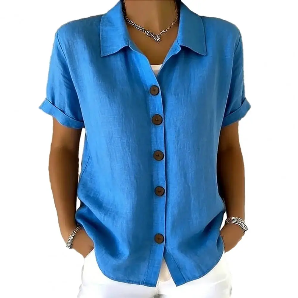 Women's Elegant Summer Cotton Linen Tops Short Sleeve Lapel Button Up Solid Color Loose Shirt Women Casual Blouse Cardigan Tops