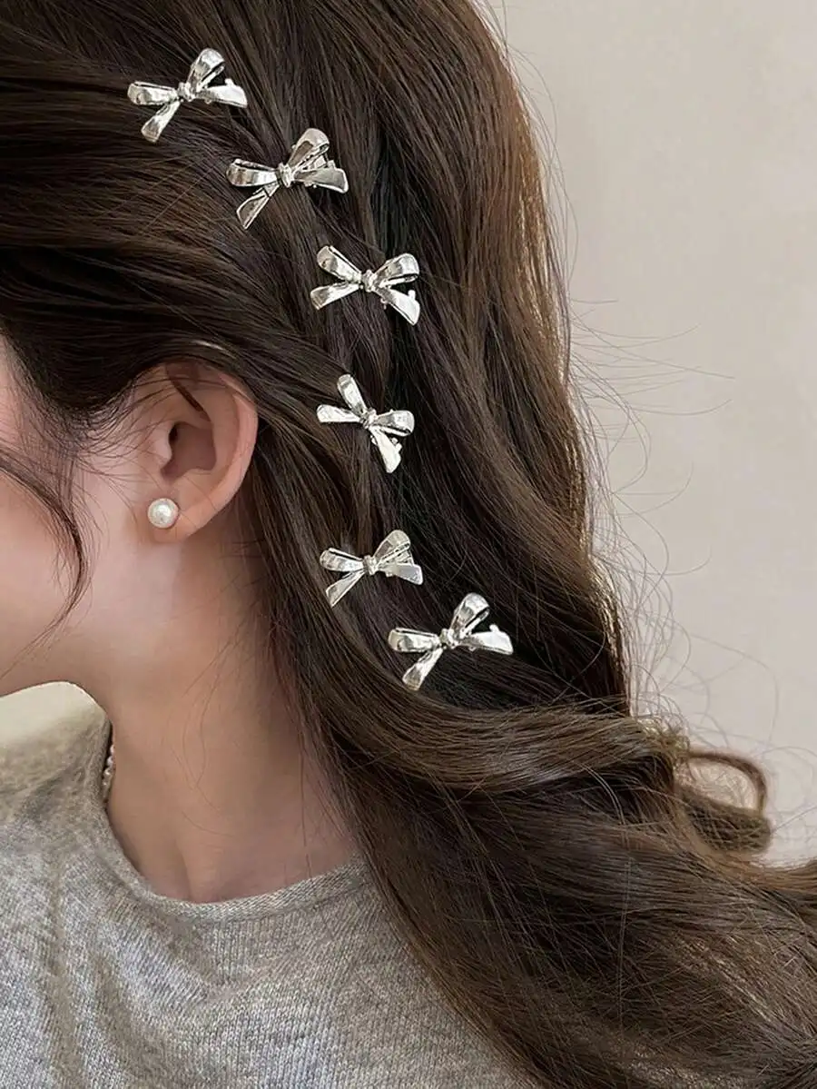 6pcs/Pack Women Solid Color Alloy Metal Bow Detail Hair Clip Sweet Y2K Small Side Grip Hairpin For Daily Wear Valentine's Day