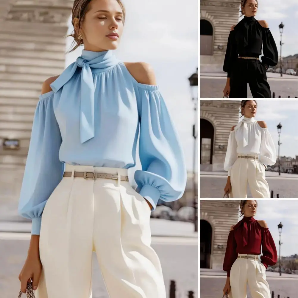 Women's Blouses Fall New Fashion Ribbon Stand-up Collar Shirt Sexy Off-shoulder Lantern Sleeves Versatile Top Women White Shirts