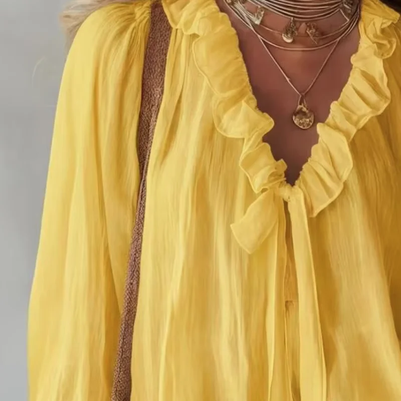 Women Chiffon Tops, Ruffle Splicing Collar Loose Fit Shirt, Lantern Long Sleeve Sun Protection Tops for Everyday Wear