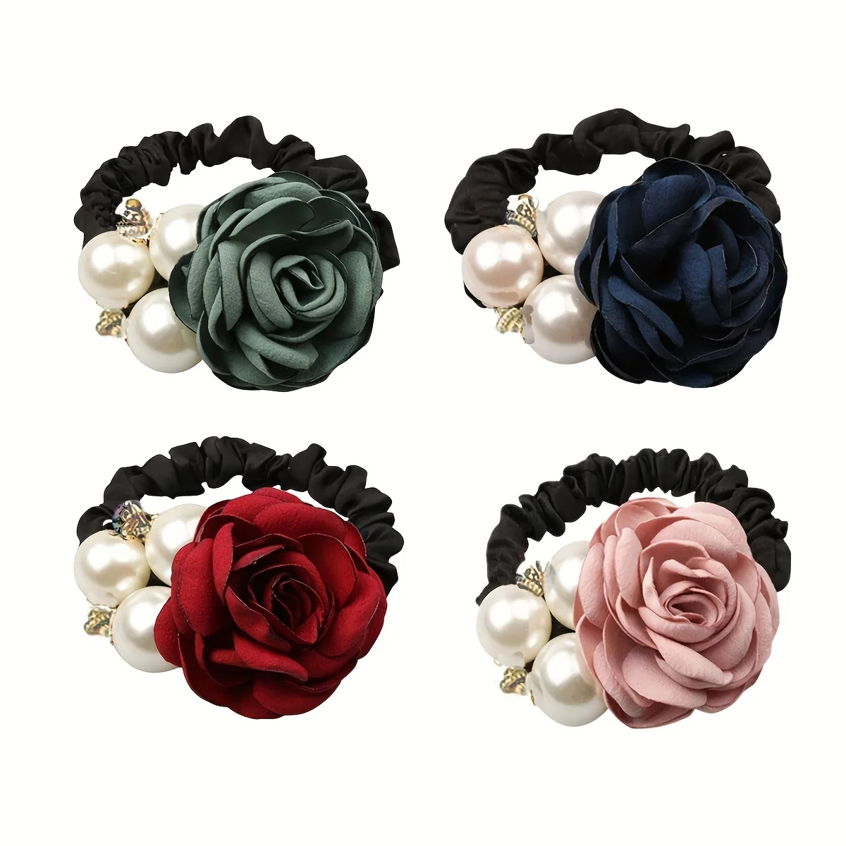 4 Pieces Korean Style Fashion Large Pearl Rose Hair Ties Handmade Camellia Hair Bands Headbands Hair Accessories for Girls Cute Elegant Hair Styling Tools for Daily Wear Party and School headband hair