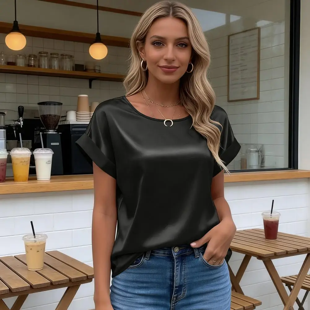 Elegant Women's Blouse Solid Tees 2023 Summer Lady Short Sleeve Satin Shirt Loose Casual Round Neck T-shirt Tops S-XXL