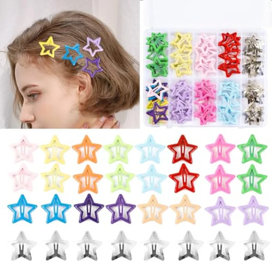 55pcs 1.22" Star Hair Clips Cute Hair Clips for Girls Colorful Metal Snap Hair Barrettes for Women Star Hair Accessories for Da