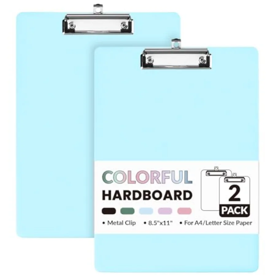 2 Pack Clipboard, Colored Cardboard, Hardboard Clip Boards 8.5 x 11, Clipboards with Low Profile Clip, Cute A4/Letter Size Pape
